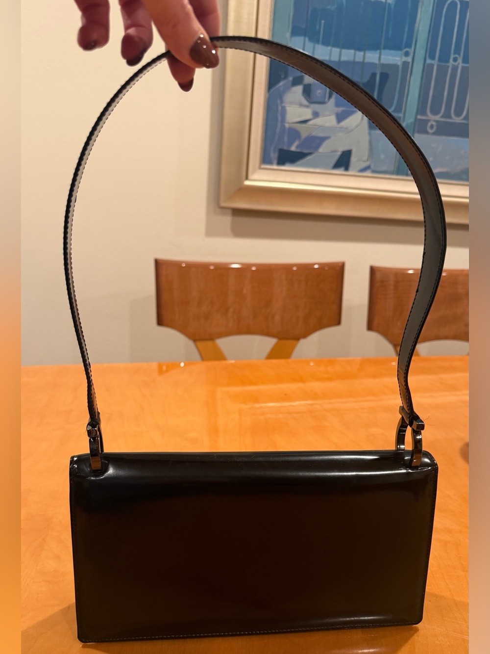Salvatore Ferragamo Black Patent Leather Shoulder Clutch
